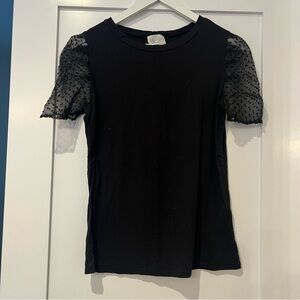 Jun Ivy Black Top with Sheer Polka Dot Sleeves